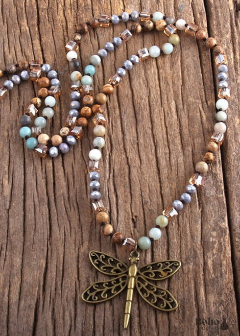 Boho Necklace, RH Amazonite Jasper, Dragonfly Brown Natural Stone